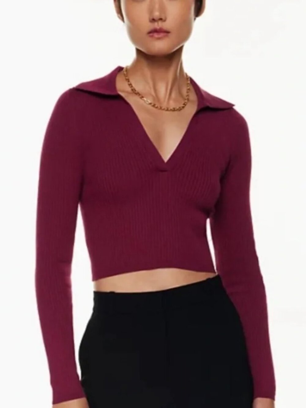 Aritzia | Babaton - Sculpt Knit Polo Long Sleeve Ribbed V Neck - Size XS